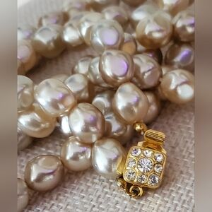 Retro Pearl Necklace with Rhinestone Gold Clasp Glass Beads sk